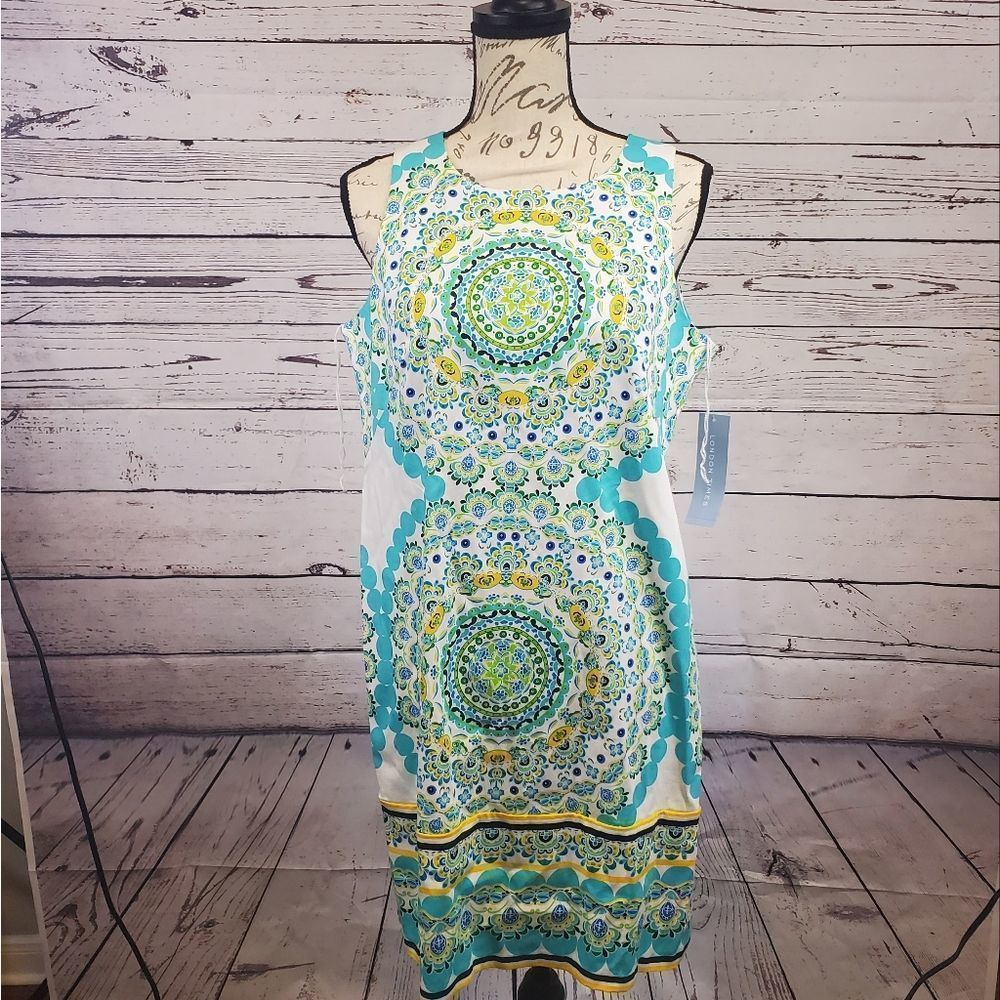 London Times Teal Multi print Shift Dress, Size 10